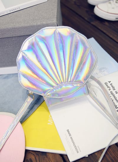 KIMU® Zilver Iridescent Holografisch Schelp Tasje Zeemeermin - Tas Mermaid Glitter Pvc Zilveren Metallic Glanzend Klein Schoudertasje Festival