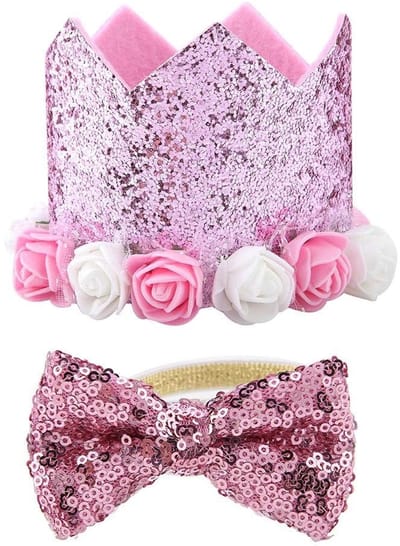 Dailygoods- Verjaardagskroon Glanzend Bloemendesign - Verstelbare Hoed - Herbruikbaar - Haarband - Huisdier Accessoires - Geschikt voor Feestjes - Huisdier Partyhoed