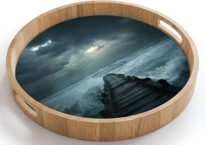 Dienblad rond 40x40 cm - Schootdienblad hout - Steiger - Storm - Golven - Borrelplank rechthoek - Plateau houten dienbladen