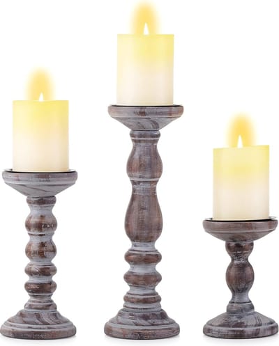 Houten Kandelaars Set - Rustiek Hout - Huis Decoratie - Verweerde Afwerking - 3 Stuks - Bruin