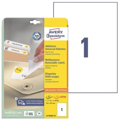 Avery-Zweckform L4735REV-25 Universele etiketten 210 x 297 mm Papier Wit 30 stuk(s) Weer verwijderbaar Inkjet, Laser (zwart/wit), Laser (kleur),