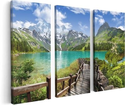Artaza Canvas Schilderij Drieluik Pad Naar Een Helder Blauw Meer In De Bergen - 120x80 cm - Wanddecoratie Woonkamer - Schilderijen - Muurdecoratie