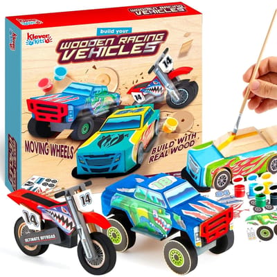 Kinder Knutselpakket Bouw Verf Je Eigen Houten Raceauto Pakket DIY Vrachtwagen Speelgoed Construct plus Verf Pakket ontworpen voor Kinderen Geboortedatum blue