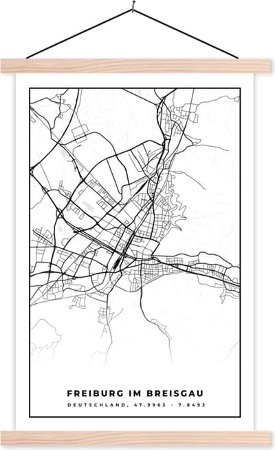 Posterhanger incl. Poster 40x60 cm - Schoolplaat - Plattegrond - Freiburg im Breisgrau - Kaart - Stadskaart - Textielposter - Blanke latten - Stadskaart