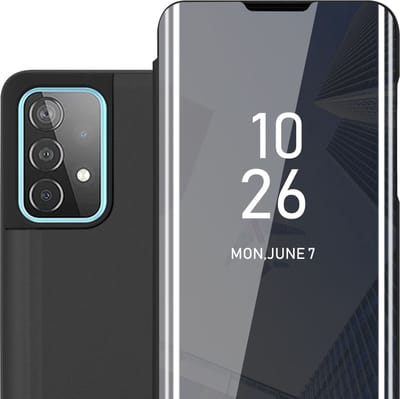 Cadorabo Hoesje geschikt voor Samsung Galaxy A52 (4G / 5G) / A52s in TOERMALIJN ZWART - Clear View Spiegel Beschermende Case met Tribunefunctie 360 Graden Bescherming Book Case Cover Etui