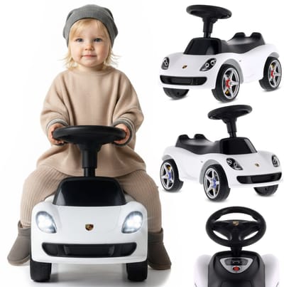 sun baby Loopauto voor kinderen vanaf 18 maanden – Porsche Carrera GT – stuur met knoppen, koplampen, realistische stickers, tot 30 kg, wit