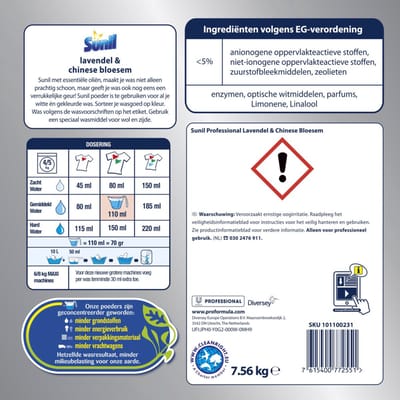 Sunil Professional Wasmiddel Poeder Lavendel & Chinese Bloesem - 108 Wasbeurten Pro Formula - 2 x 7,56 kg - Voordeelverpakking
