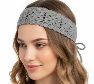 Grijs gehaakte haarband met striksluiting – bohemian hoofdband van katoen – haakwerk haaraccessoire voor dames – geschikt voor festivals, zomeroutfits en dagelijks gebruik