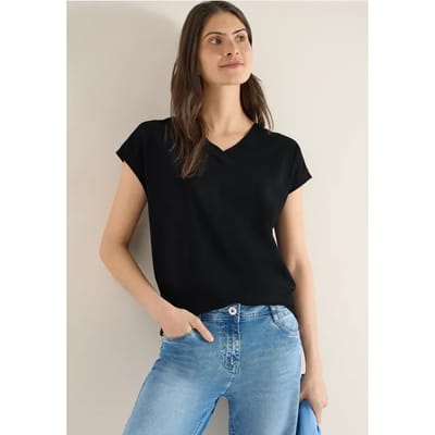 Shirt met korte mouwen en V-hals in effen kleur
