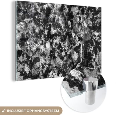 Glasschilderij zwart wit - Zwart - Wit - Steen - Graniet - 150x100 cm - Foto op glas - Slaapkamer decoratie