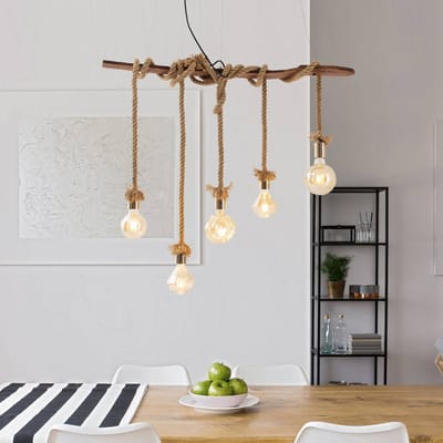 Näve Hanglamp Rope, 5-lamps, van hout en Jute