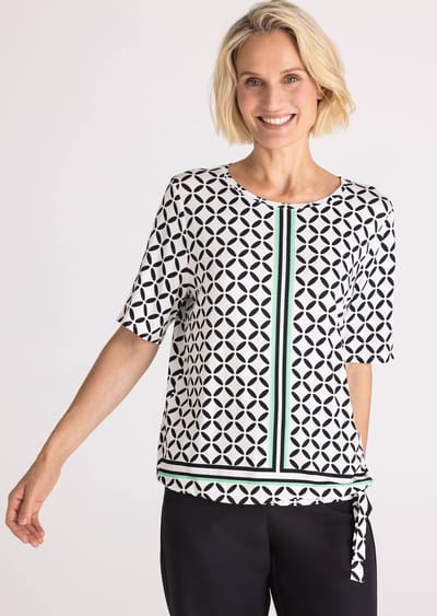 Jersey shirt met elastische tailleband en knoopdetail - gebroken wit / groen / zwart - Gr. 46 van Goldner Fashion