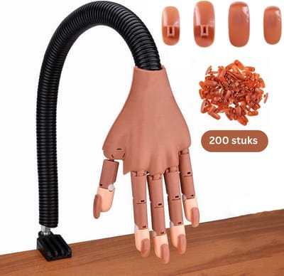 Oefenhand voor nagels - incl. 200 stuks bruin kunstnagels - Nailtrainer hand - Gellak oefenhand - Acryl oefenhand - Nepnagels - Gelnagels - Manicure oefenhand - Flexible hand - Tafelklem - Nagelstudio - Nailart - Beginner oefenhand