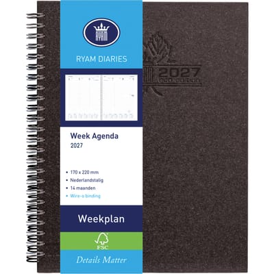 Agenda 2027 Ryam Weekplan Wire-o 7dagen/2pagina's zwart