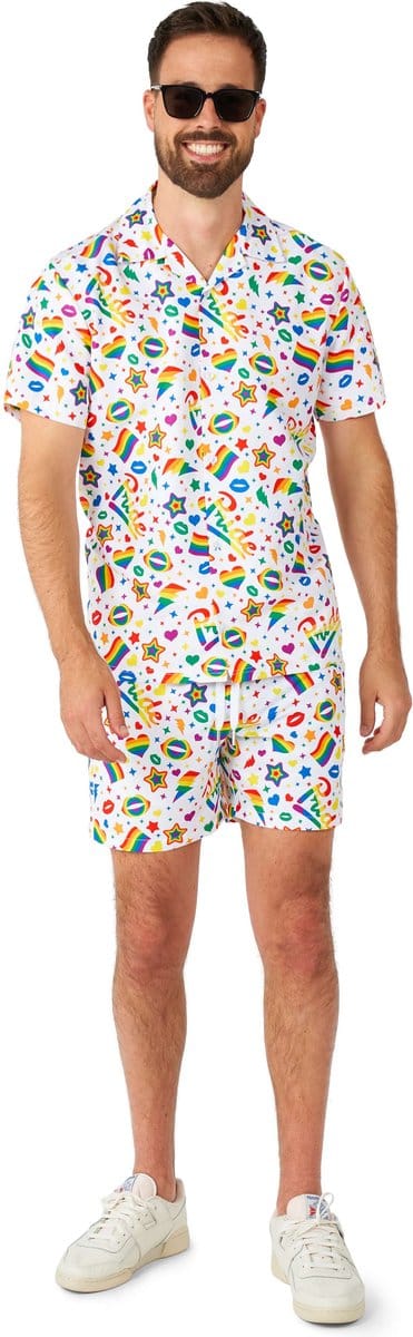 Suitmeister Pride Icons White - Heren Zomer Set - Pride Outfit - Regenboog - Shorts En Korte Mouwen Shirt - Carnavalskleding - Wit - Maat: L