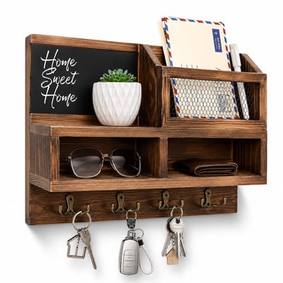 BOTC Sleutelrekje met Memobord - Sleutelrek met postvak - Sleutelhouder met Legplank en Hangrail - Hout - Wandhaken