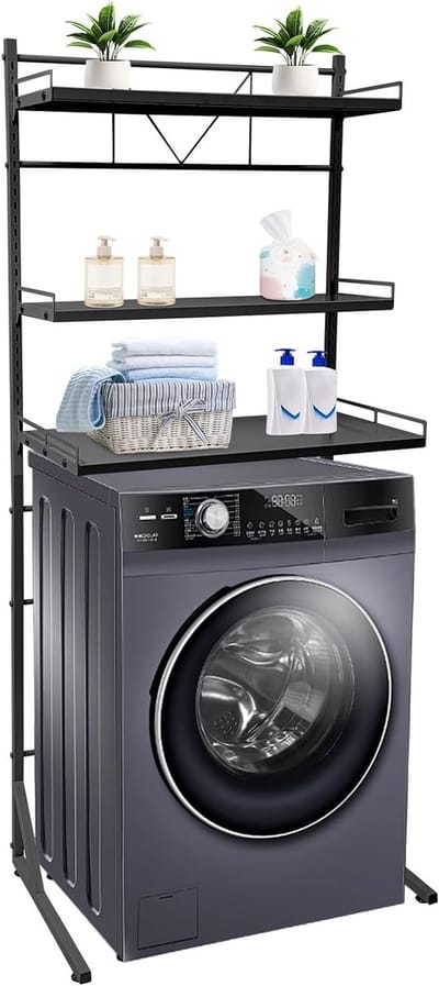 Multifunctionele Drie-Niveau Plank voor Wasmachine - Ruimtebesparende Opbergoplossing voor Handdoeken en Schoonmaakmiddelen (Zwart)