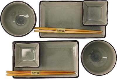 Glassy Grey set of 2 plates - 2 sauce bowls - 2 rice bowls - 2 chopsticks - 8-piece earthenware - TOKYO design studio