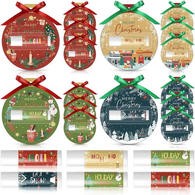 Kerstman Cadeauset met Lipbalsem, Kerstkaarten en Strikverpakking - Hydraterend Cadeau voor Vrienden, Collega's en Docenten (24 Sets)