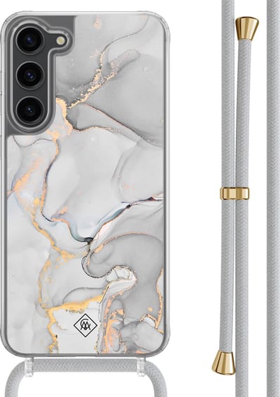Casimoda® hoesje met grijs koord - Geschikt voor Samsung S23 Plus - Marmer Grijs - Afneembaar koord - TPU/polycarbonaat - Grijs