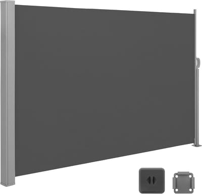 SONGMICS zijluifel met stalen bak, roestbestendig, uitschuifbaar, 160 x 350 cm, inkijkbescherming, zonwering, ondoorzichtig, zijzonwering, voor balkon, terras, tuin, antraciet