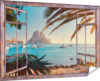 Gards Tuinposter Doorkijk Ibiza Cala d'Hort Strand - 180x120 cm - Tuindoek - Tuindecoratie - Wanddecoratie buiten - Tuinschilderij