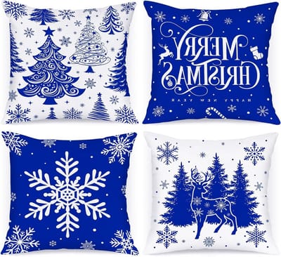 Set van 4 blauwe kerstkussens van 16x16 inch, decoratieve kussenhoezen voor winterse sfeer, perfect voor kerstdecoratie in woonkamer en slaapkamer