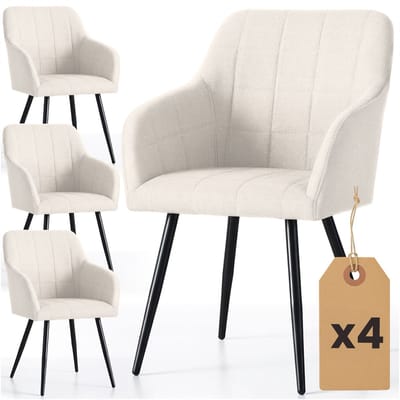 Set van 4 Eetkamerstoelen LUXANO met Armleuningen / Gestoffeerde Stoelen en Metalen Poten / Lumos-stof / Crème kleur met zwarte benen