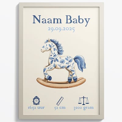 Baby / Geboorte poster - Blauw Hobbelpaard- Met Naam, Geboortedatum, Gewicht, Lengte en Tijd - A2+ Formaat 43,2 x 61 cm - Gepersonaliseerde Baby posters