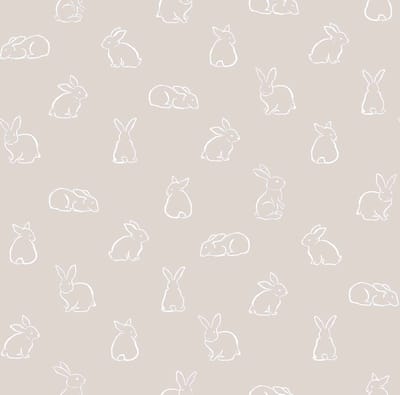 Behang - Kinderkamer – Konijnen – Silhouetten – Wit – Greige - Babykamer - Kinderbehang - Konijntjes- 0,53 x 10,05 M