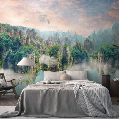 Fotobehang Profhome 399081-GU vliesbehang hardvinyl warmdruk in reliëf glad met landschappen mat groen blauw bruin beige 3,71 m x 2,8 m