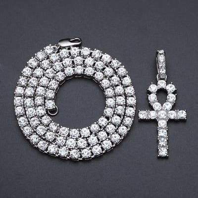 ICYBOY 18K Religieus Diamanten Heren Ketting met Egyptisch Kruis verguld [SILVER-PLATED] [ICED OUT] [60CM] - 3mm Rope Chain Iced Out Egypt Ankh Cross Pendant