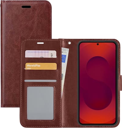 Hoesje - Met Pasjeshouder - Geschikt voor Samsung Galaxy S25 Plus - Luxe Bookcase Portemonee - Flip Case - Kunstleer Book Case - Flipcase - Book Cover - Walletcase - Portemonneehoes - Bruin