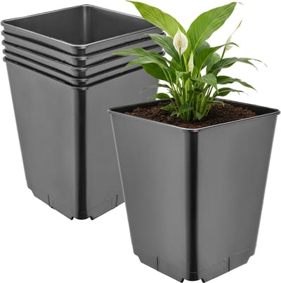 Garronda Set van 5 hoge vierkante kunststof bloempotten met drainagegaten voor tuin (Zwart, 16 x 16 x 20 cm (3,5L)) GD-KW-HS