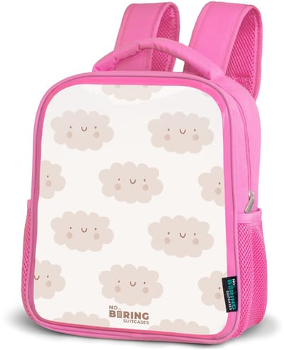 NoBoringSuitcases.com® - Rugzak roze - Schooltas meisjes - Vrolijke wolkjes met gezichtjes op crèmekleurige achtergrond - Kinder rugtas meisje - Boekentas kind - Kinderrugzak voor school - Schoolrugzak