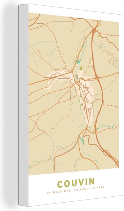 Canvas Schilderij Kaart - Stadskaart - België - Plattegrond - Couvin - 20x30 cm - Wanddecoratie