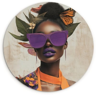 WallCircle® Wandcirkel 120x120 cm - Muurcirkel Vrouw - Zonnebril - Vlinder - Bloemen - Muurdecoratie woonkamer - Wanddecoratie slaapkamer - Kamer decoratie accessoires - Ronde schilderijen XXL