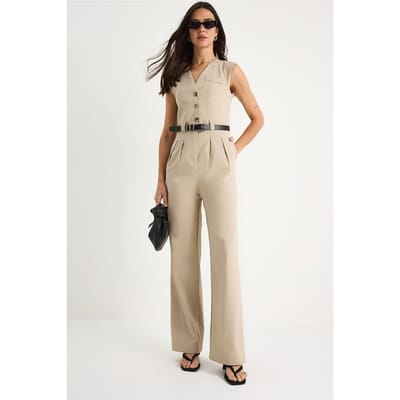 V-hals Wijde Pijpen Jumpsuit met Strikdetail
