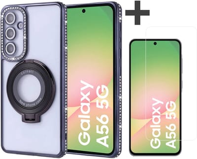 Hoesje met Ringhouder Geschikt voor Samsung Galaxy A56 met Diamant Glitters en Gehard Glas Screenprotector – Arara Backcover - Zwart