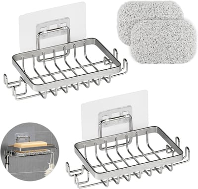 Set van 2 Wandbevestigde RVS Zeepdispenser met Haak en Zeeppad, Roestvrij en Waterdicht voor Badkamer en Keuken