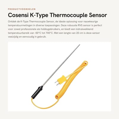 Dailygoods- Thermokoppel K-Type - Temperatuursensor - Roestvrij Stalen Probe - Lengte 20 cm - Temperatuurbereik - Miniatuur Connector