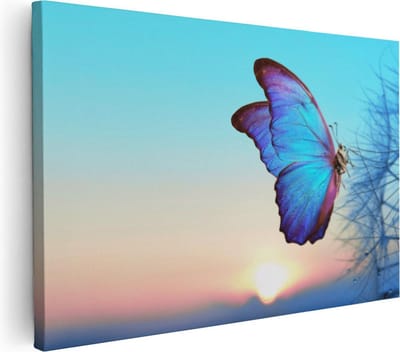 Artaza Canvas Schilderij Blauwe Vlinder - 30x20 cm - Klein - Muurdecoratie Zon - Wanddecoratie Natuur - Kamer Accessoires