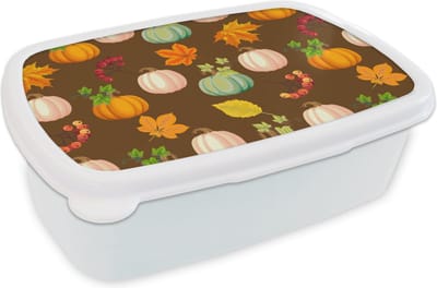 Broodtrommel Wit - Lunchbox - Brooddoos - Herfst - Pompoenen - Patronen - 18x12x6 cm - Volwassenen