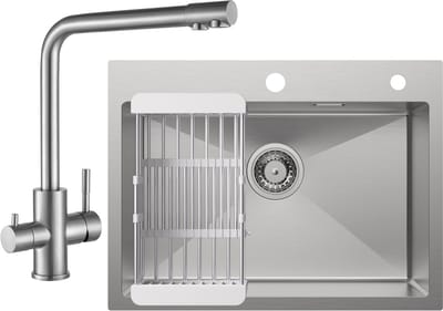 CECIPA max Spoelbak 60x45CM - Spoelbak Keuken Met 3 Wege Keukenkraan - Handgemaakte Roestvrijstalen Gootsteen - Spoelbak Met Afdruipgedeelte - Met Afdruiprek - RVS