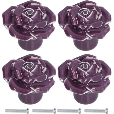Set van 4 moderne keramische kastknoppen met roosvormige handgreep voor woonkamer/slaapkamer (paars)