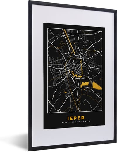 Fotolijst incl. Poster - Ieper - Plattegrond - Kaart - Stadskaart - Goud - 40x60 cm - Posterlijst