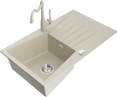 Mexen Cesar granieten spoelbak 1-kompartment met afdruiprek en keukenmengkraan Carla, beige - 6514-69-670700-69