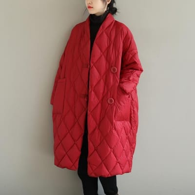 Grande Taille Femme Hiver Large Col Montant Pin Couleur Unie Grille Diamant Mi-Longueur Au-Dessus du Genou Veste Chaude Coton Duveté 2XL rouge