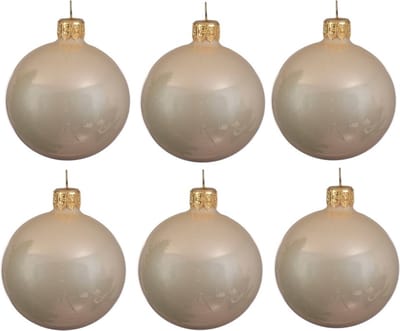 Decoris Kerstballen set - 6x stuks - parel/champagne - glas - 6 cm - glans - met gouden ophanglintje