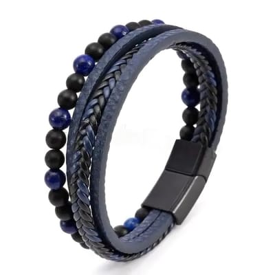 Heren Armband Leer - Blauw met Blauwe Kralen - Armbanden - Papa Cadeau Voor Mannen - Vaderdag